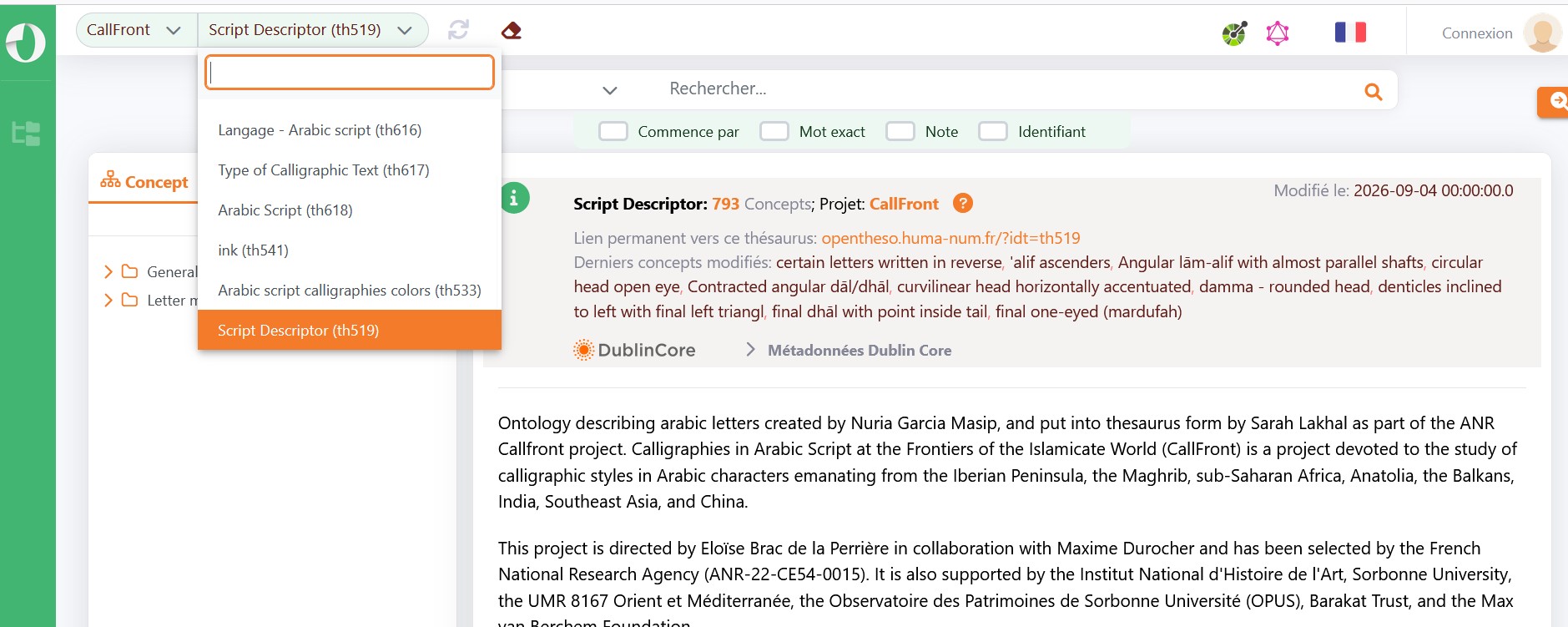 OpenTheso page d'accueil et présentation des thesaurus Callfront